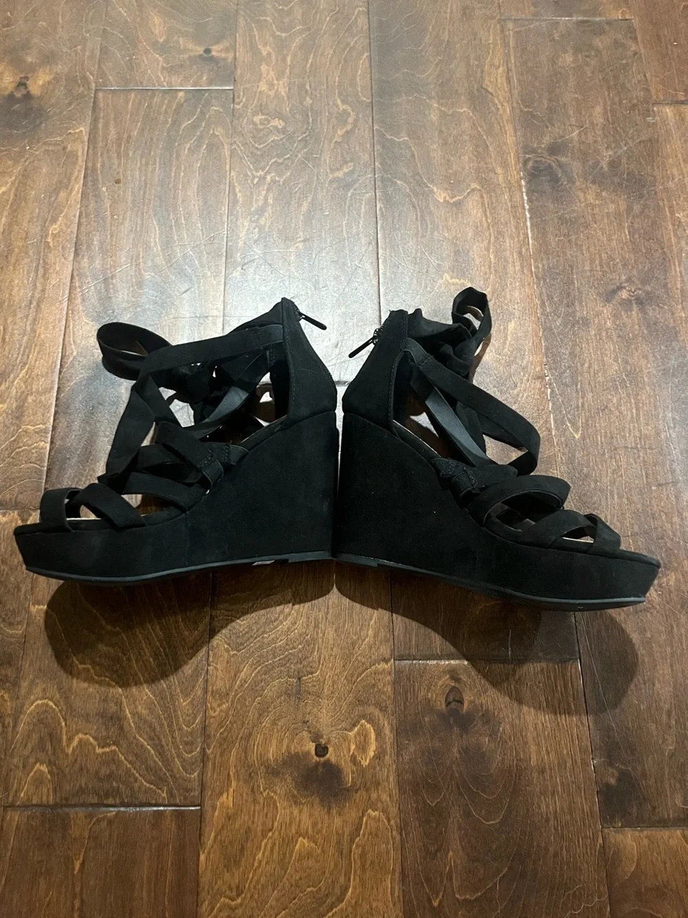 Torrid Black Suede Strappy Lace-Up Ankle-Wrap wedge sandals size WW 6.5
